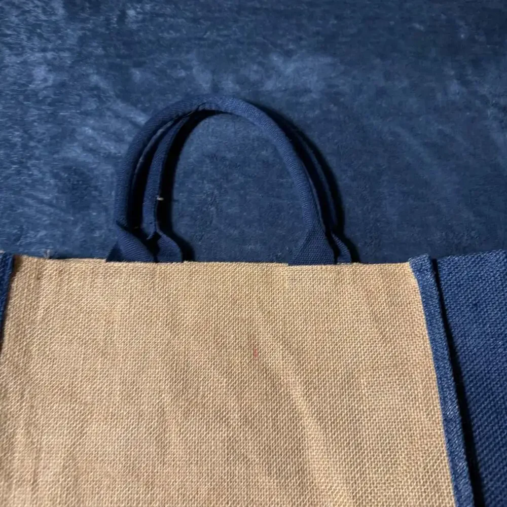 Nautical Anchor Print Natural Jute and Navy Burlap Beach Tote Bag